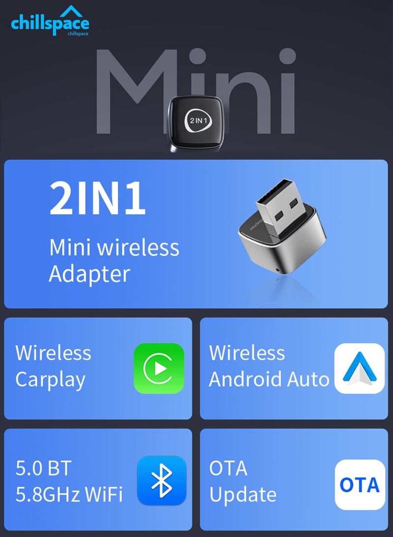 مساحة باردة محول لاسلكي 2 في 1 لـ CarPlay وAndroid Auto، سهل التركيب والتوصيل والتشغيل، استخدام سريع وسلس يدعم أكثر من 1000 سيارة مزودة بنظام CarPlay/Android Auto سلكي مدمج، محول سيارة بتصميم أنيق صغير الحجم لأجهزة iPhone وAndroid مع منفذ USB/USB-C (أسود) - Image 2