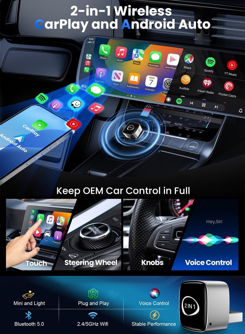 مساحة باردة محول لاسلكي 2 في 1 لـ CarPlay وAndroid Auto، سهل التركيب والتوصيل والتشغيل، استخدام سريع وسلس يدعم أكثر من 1000 سيارة مزودة بنظام CarPlay/Android Auto سلكي مدمج، محول سيارة بتصميم أنيق صغير الحجم لأجهزة iPhone وAndroid مع منفذ USB/USB-C (أسود) - Image 4