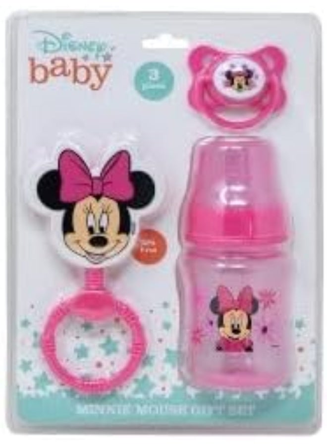 Cudlie Disney Baby Girl Minnie Mouse Bottle, Rattle & Pacifier Set