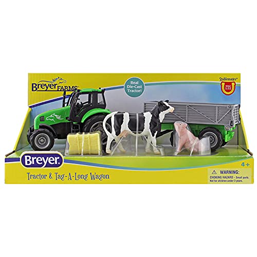 Breyer Horses Breyer Farms Tractor and Tag-a-Long Wagon Playset | 5" H x 11" L x 4" D | Cow and Pig Included | 1:32 Scale | Model #59238, Green - Image 4
