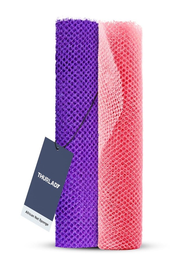 THURLADY 2 Pieces African Net Sponge, African Scrub Bath Net, Exfoliating Body Back Scrubber for All Skin Types, Exfoliating Washcloth, Shower Essentials, Deep Cleansing, Smoother Skin (Purple & Pink) - Image 1
