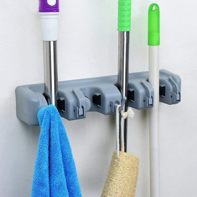 MYPS Plastic Broom and Mop Holder Wall Mounted Hanger Organizer Stand of 4 Positions with 5 Hooks and Holds Up to 9 Tools - Image 2