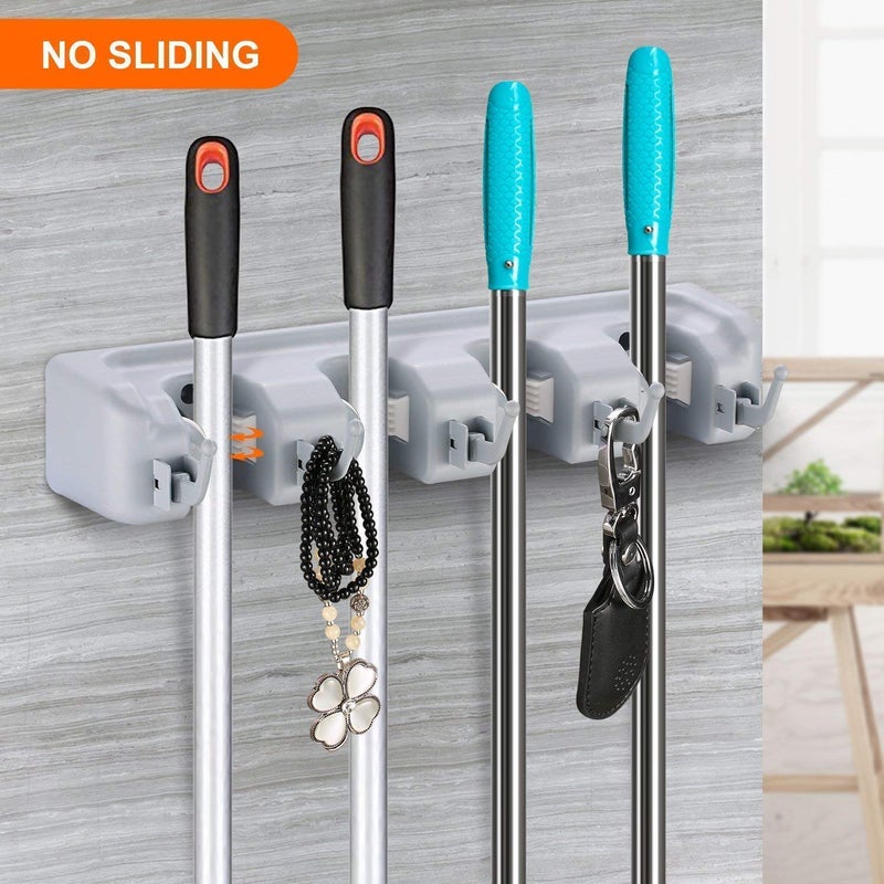 MYPS Plastic Broom and Mop Holder Wall Mounted Hanger Organizer Stand of 4 Positions with 5 Hooks and Holds Up to 9 Tools - Image 5