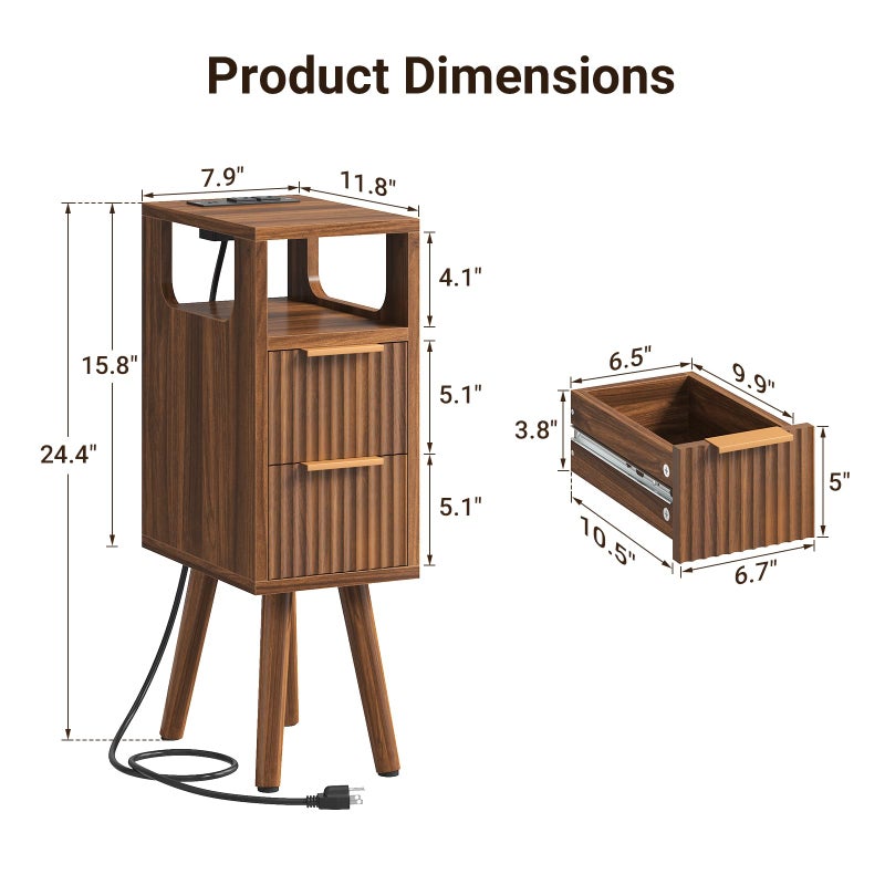 ELYKEN 7.9" Small Narrow Side Table with Charging Station, 24.4" H Skinny Fluted Nightstand with 2 Drawers, Solid Wood Feet, Open Storage, Slim End Table for Small Spaces, Bedroom, Walnut - Image 2