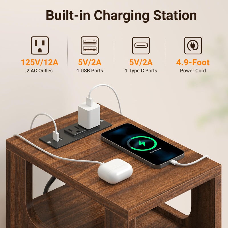 ELYKEN 7.9" Small Narrow Side Table with Charging Station, 24.4" H Skinny Fluted Nightstand with 2 Drawers, Solid Wood Feet, Open Storage, Slim End Table for Small Spaces, Bedroom, Walnut - Image 4