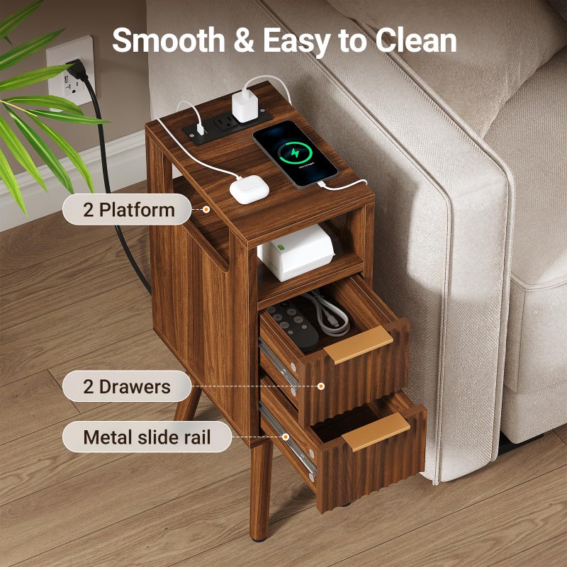 ELYKEN 7.9" Small Narrow Side Table with Charging Station, 24.4" H Skinny Fluted Nightstand with 2 Drawers, Solid Wood Feet, Open Storage, Slim End Table for Small Spaces, Bedroom, Walnut - Image 5
