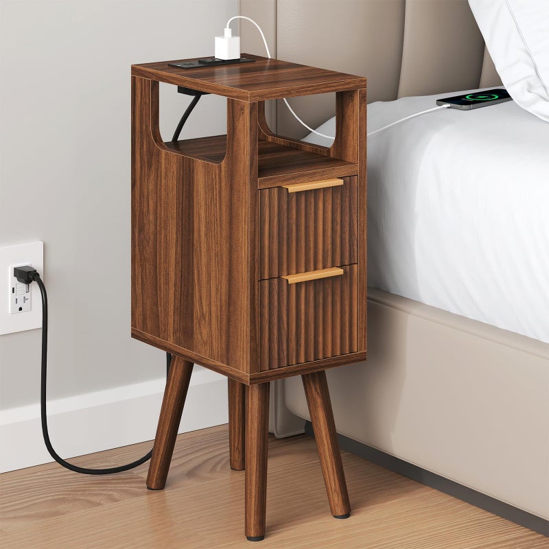 ELYKEN 7.9" Small Narrow Side Table with Charging Station, 24.4" H Skinny Fluted Nightstand with 2 Drawers, Solid Wood Feet, Open Storage, Slim End Table for Small Spaces, Bedroom, Walnut - Image 1