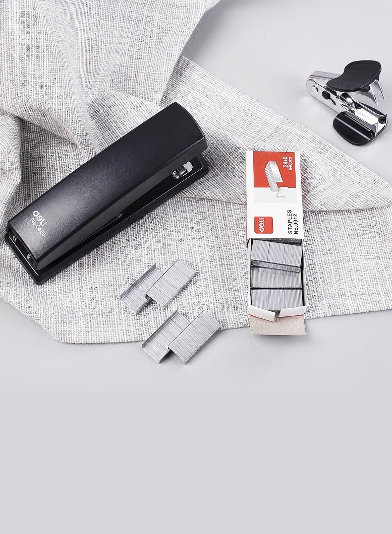 Deli Desk Stapler Set Includes Stapler, Staple Remover, Belt 640 Pieces Standard 24/6 Staples 1-25  Capacity Small Manual Stapler Suitable for Office School Students Three-in-One Set Black - Image 2