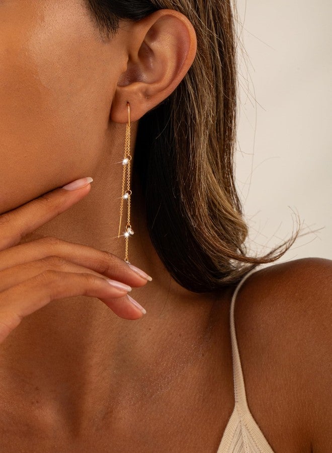 Moodear Dangle Earrings for Women - Gold/Silver Threader Dangling Earring stacks with Long Chain - Hypoallergenic Cubic Zirconia Hoop and Stud Prom Wedding Jewelry Set, Brass, No Gemstone - Image 3
