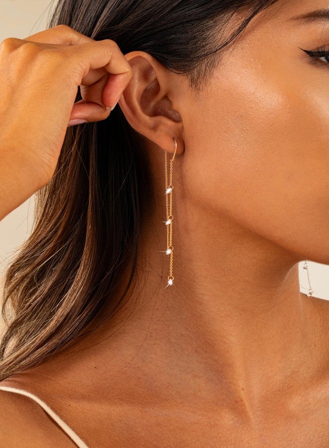 Moodear Dangle Earrings for Women - Gold/Silver Threader Dangling Earring stacks with Long Chain - Hypoallergenic Cubic Zirconia Hoop and Stud Prom Wedding Jewelry Set, Brass, No Gemstone - Image 2
