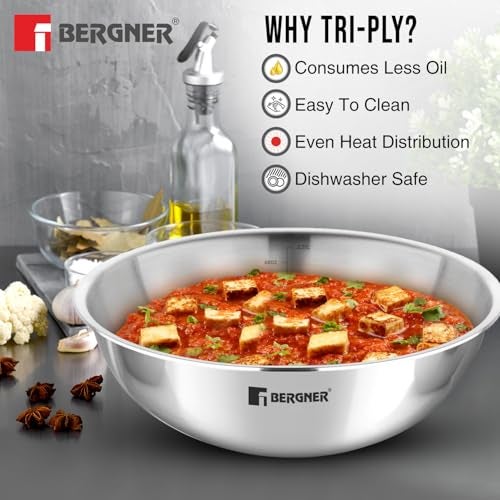 Bergner Argent TriPly Stainless Steel 4 Pcs Tasra Set - 16cm (900ml), 18cm (1L), 22cm (2.25L), 24cm (2.5L), Less Oil Use, Healthy Cooking, Even and Faster Heating - Induction and Gas Stove Ready - Image 4