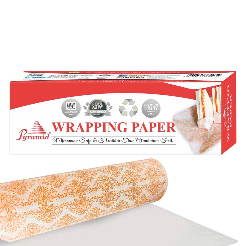 Pyramid Food Wrapping Paper 1 kg, Roll with Cutter Blade, White with Orange Floral Print, Food Grade and Eco-Friendly-Pyramid - Image 1