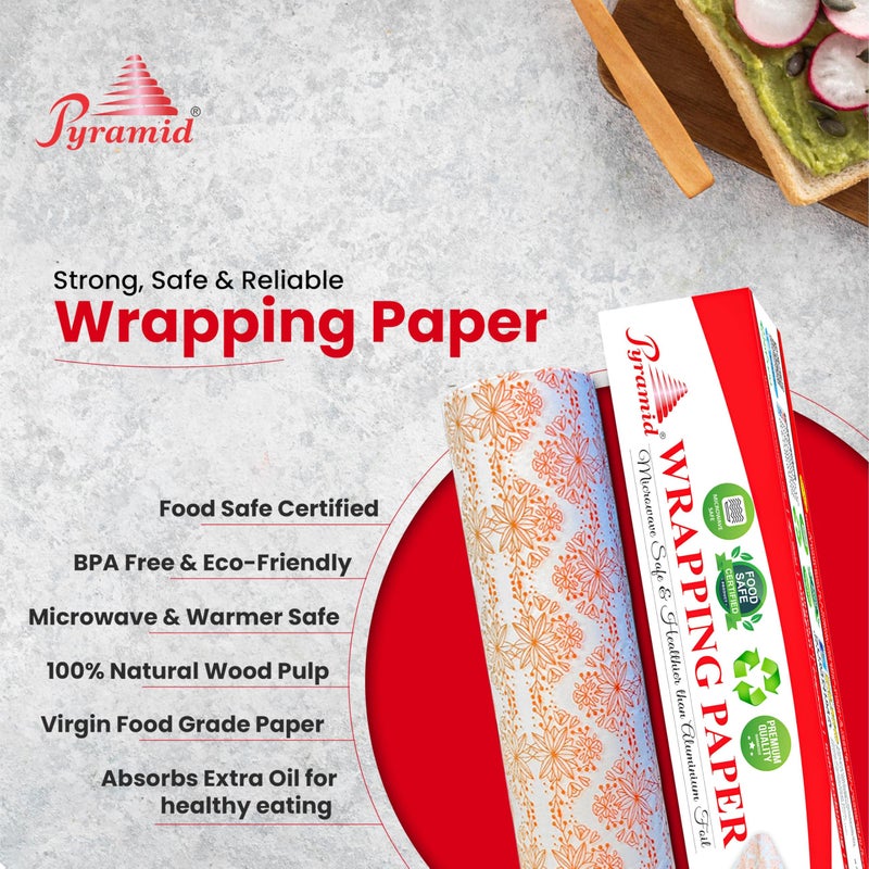 Pyramid Food Wrapping Paper 1 kg, Roll with Cutter Blade, White with Orange Floral Print, Food Grade and Eco-Friendly-Pyramid - Image 5