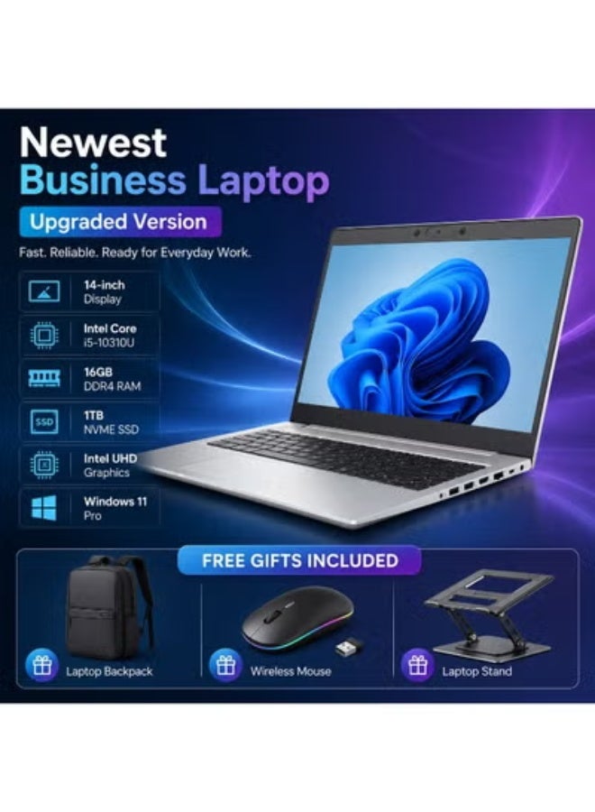Business Laptop 14 Inch Full HD Display, Core i5 Processor, 8GB RAM, 128GB SSD, Integrated Graphics, Includes Laptop Bag, Wireless Mouse and Laptop Stand for Work & Study - Image 1