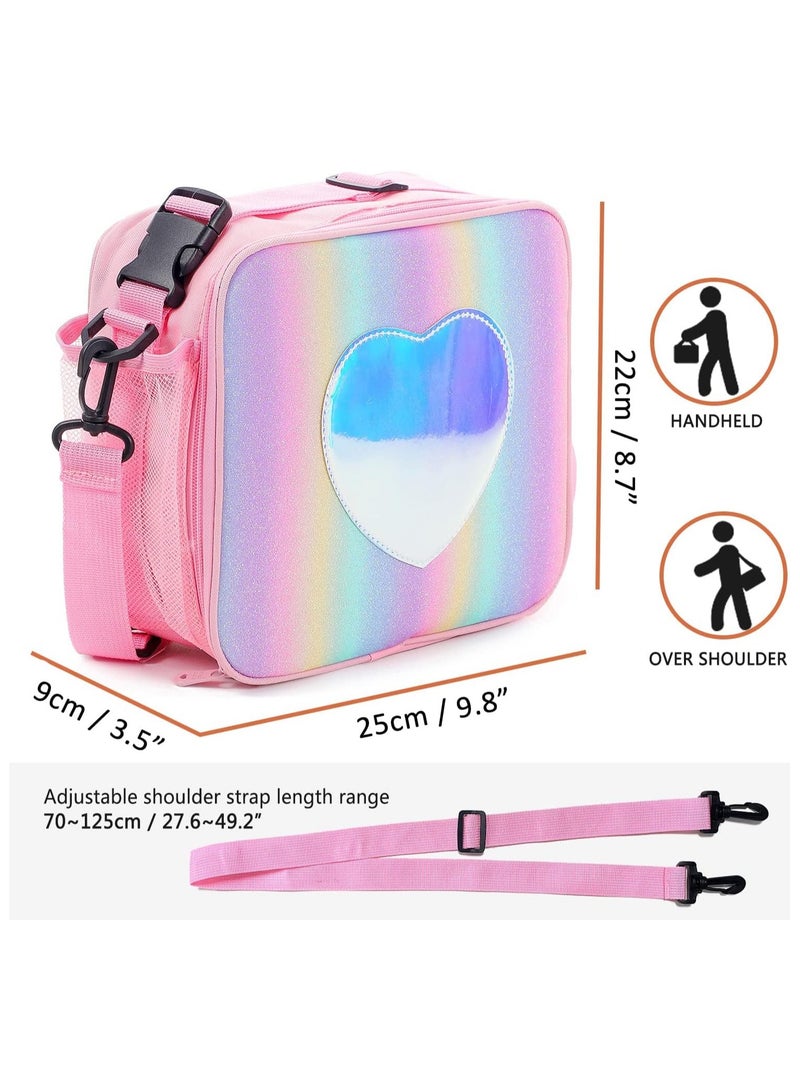 Gonice Children's Lunch Box, Rainbow Laser Tote Leakproof Insulated Lunch Bag Reusable Insulated Bento Bag Picnic Ice Bag Girls Simple Shoulder Bag for School and Outdoor Backpack (pink)  - Image 3