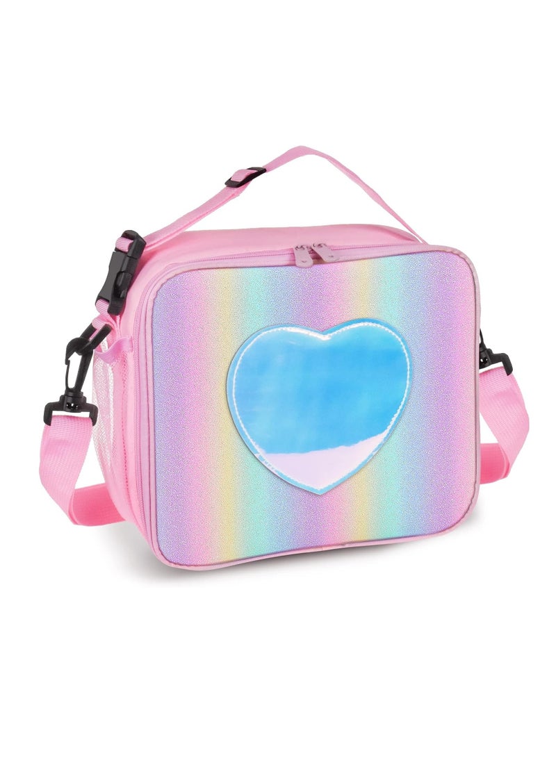 Gonice Children's Lunch Box, Rainbow Laser Tote Leakproof Insulated Lunch Bag Reusable Insulated Bento Bag Picnic Ice Bag Girls Simple Shoulder Bag for School and Outdoor Backpack (pink)  - Image 1