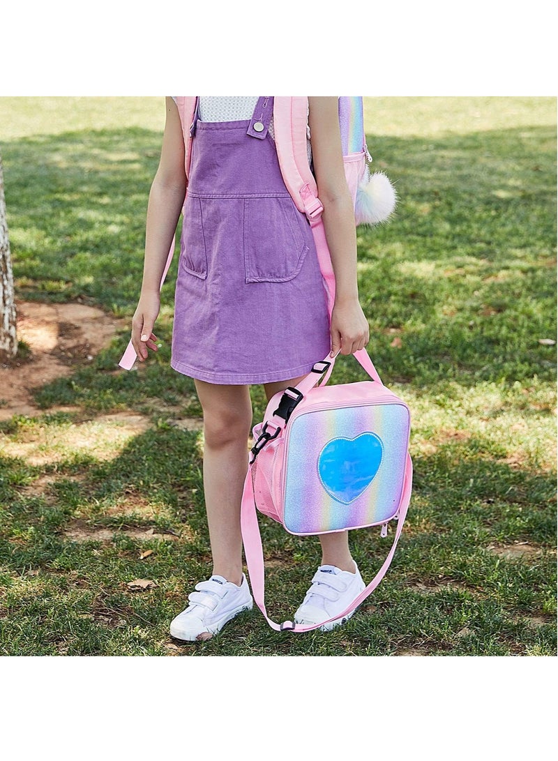 Gonice Children's Lunch Box, Rainbow Laser Tote Leakproof Insulated Lunch Bag Reusable Insulated Bento Bag Picnic Ice Bag Girls Simple Shoulder Bag for School and Outdoor Backpack (pink)  - Image 2
