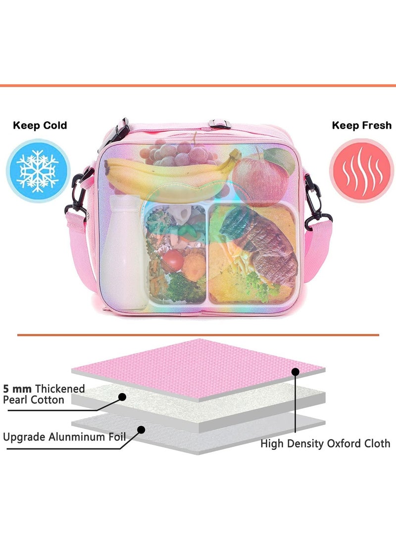 Gonice Children's Lunch Box, Rainbow Laser Tote Leakproof Insulated Lunch Bag Reusable Insulated Bento Bag Picnic Ice Bag Girls Simple Shoulder Bag for School and Outdoor Backpack (pink)  - Image 5