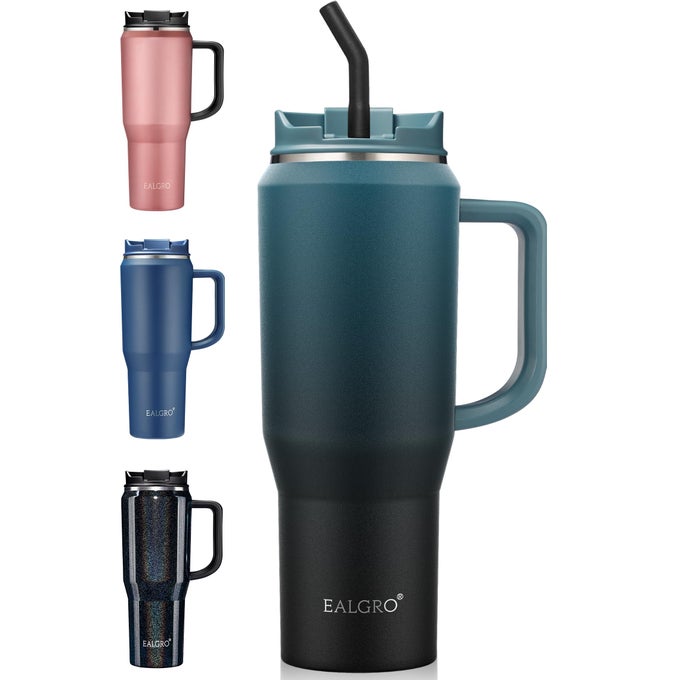 40 OZ INSULATED WATER BOTTLE JUG WITH STRAW AND HANDLE LARGE METAL SPORT WATER FLASK STAINLESS STEEL TRAVEL COFFEE MUG CUP THERMAL COFFEE TUMBLERS WITH LID INDIGO BLACK