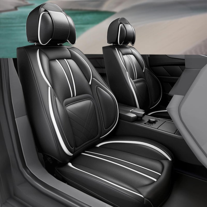 ASLONG 5PCS 2025 Front and Back Car Seat Covers Auto Interior Accessories with Water Proof Nappa Leather for Cars SUV Pickup Truck Universal Comfortable and Breathable Full Set BlackWhite