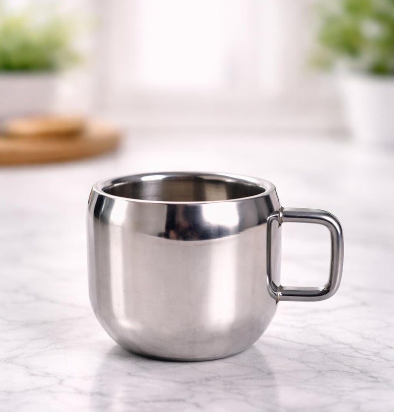 VISAXMI Stainless Steel Tea Cups Set of 6 with Handle | Mirror Finish Chai Cups | 90ml Tea & Coffee Serving Cups Rust Resistant Double wall Apple Shaped (Silver) - Image 3