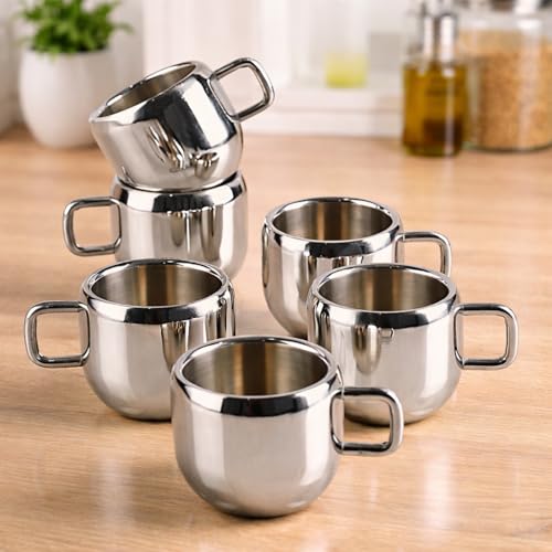 VISAXMI Stainless Steel Tea Cups Set of 6 with Handle | Mirror Finish Chai Cups | 90ml Tea & Coffee Serving Cups Rust Resistant Double wall Apple Shaped (Silver) - Image 4