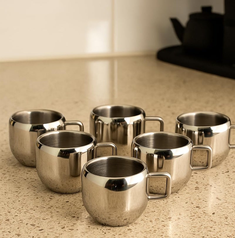 VISAXMI Stainless Steel Tea Cups Set of 6 with Handle | Mirror Finish Chai Cups | 90ml Tea & Coffee Serving Cups Rust Resistant Double wall Apple Shaped (Silver) - Image 1