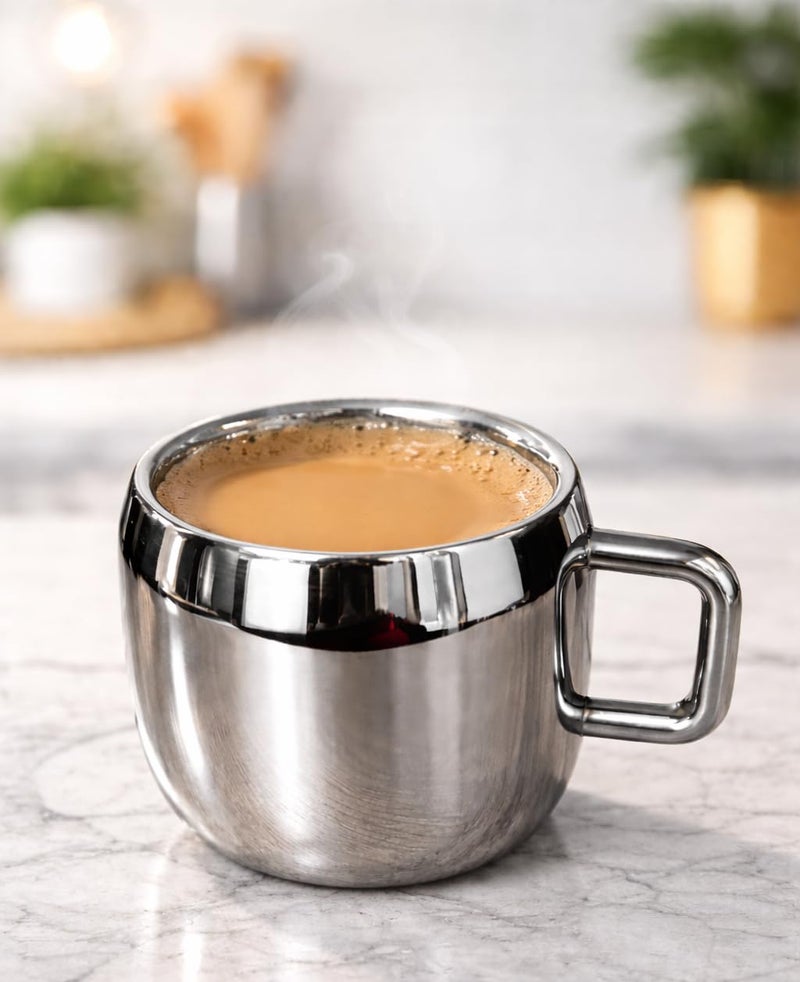 VISAXMI Stainless Steel Tea Cups Set of 6 with Handle | Mirror Finish Chai Cups | 90ml Tea & Coffee Serving Cups Rust Resistant Double wall Apple Shaped (Silver) - Image 5
