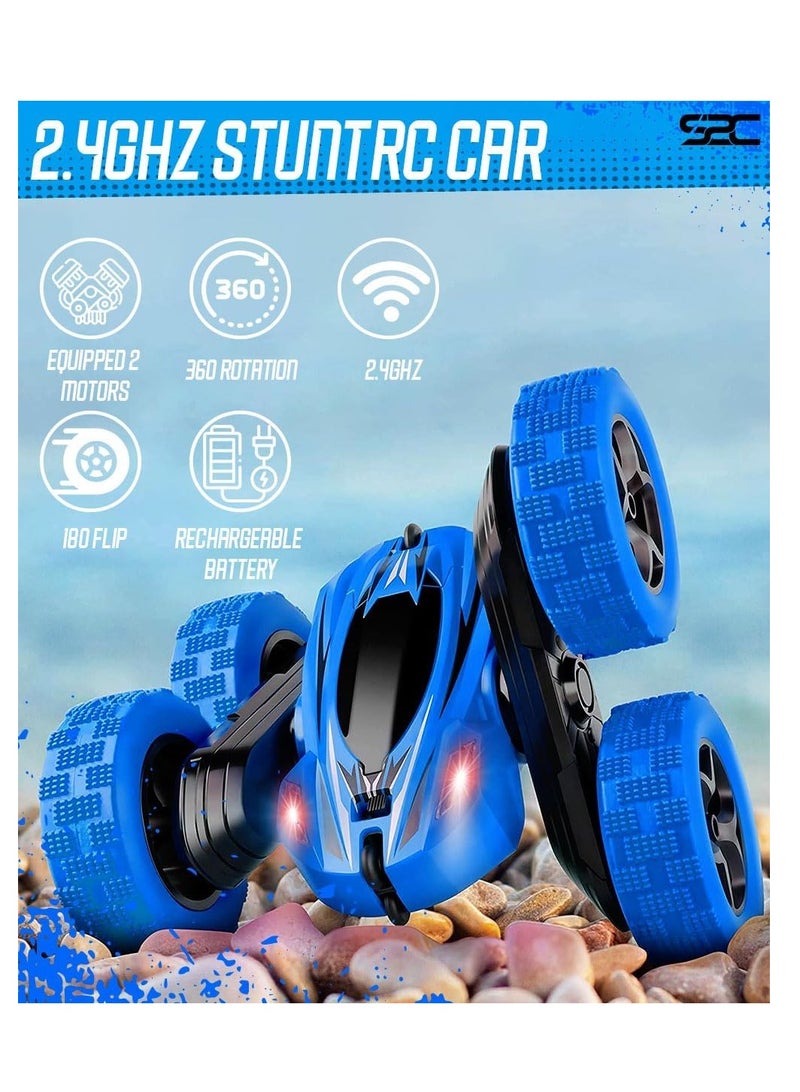 راكسوم سيارة تحكم عن بعد، لعبة سيارة بهلوانية تعمل بالتحكم عن بعد، دفع رباعي 2.4 جيجاهرتز، سيارة دوارة 360 درجة تعمل بالتحكم عن بعد، مزودة بمصابيح أمامية، سيارات ألعاب للأطفال في عيد الميلاد للأولاد/البنات (أزرق) - Image 5