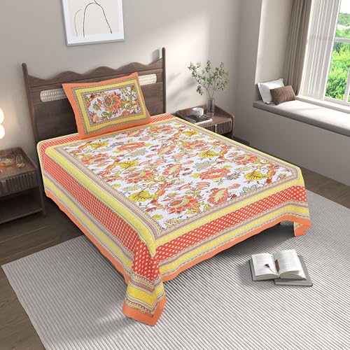 EasyGoods® Cotton Bedsheet for Single Bedsheet with 1 Pillow Cover 60x90 Inch, Handcrafted Bed Sheets (Orange-2) - Image 1