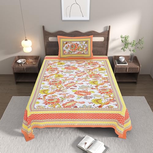 EasyGoods® Cotton Bedsheet for Single Bedsheet with 1 Pillow Cover 60x90 Inch, Handcrafted Bed Sheets (Orange-2) - Image 2
