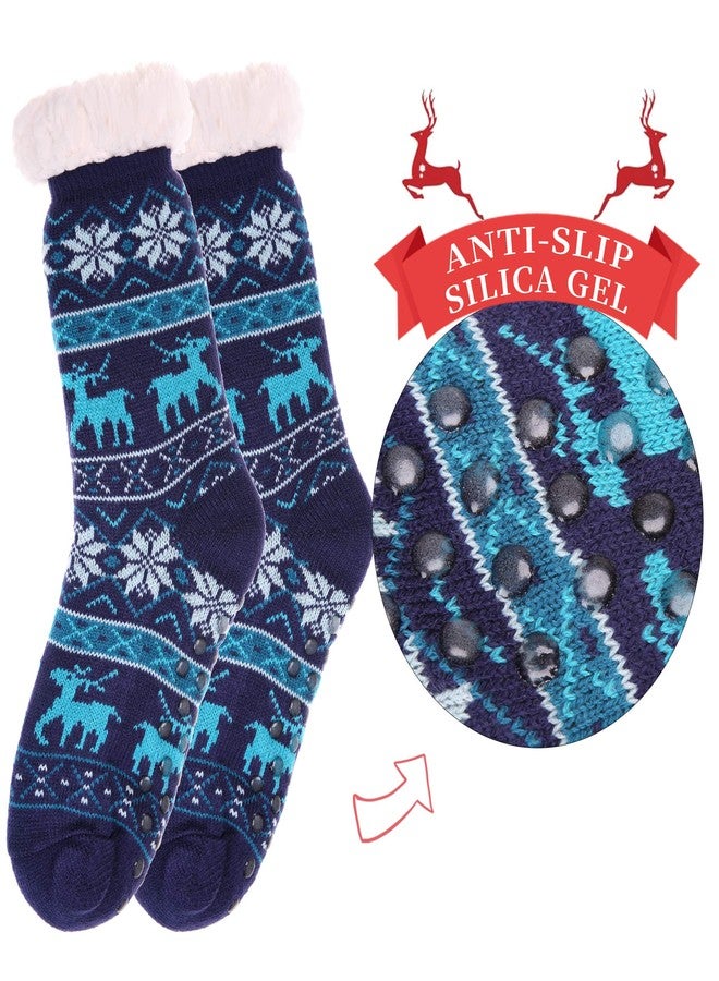 SDBING Slipper Socks for Women with Grippers, Winter Warm Fuzzy Indoor Christmas Gifts Socks (Blue) - Image 2