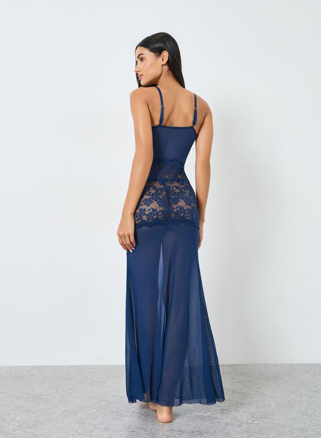 ستايلي قميص نوم طويل بنمط كورسيه بسلك داعم ولوحة شبكية مع سروال داخلي - Image 5