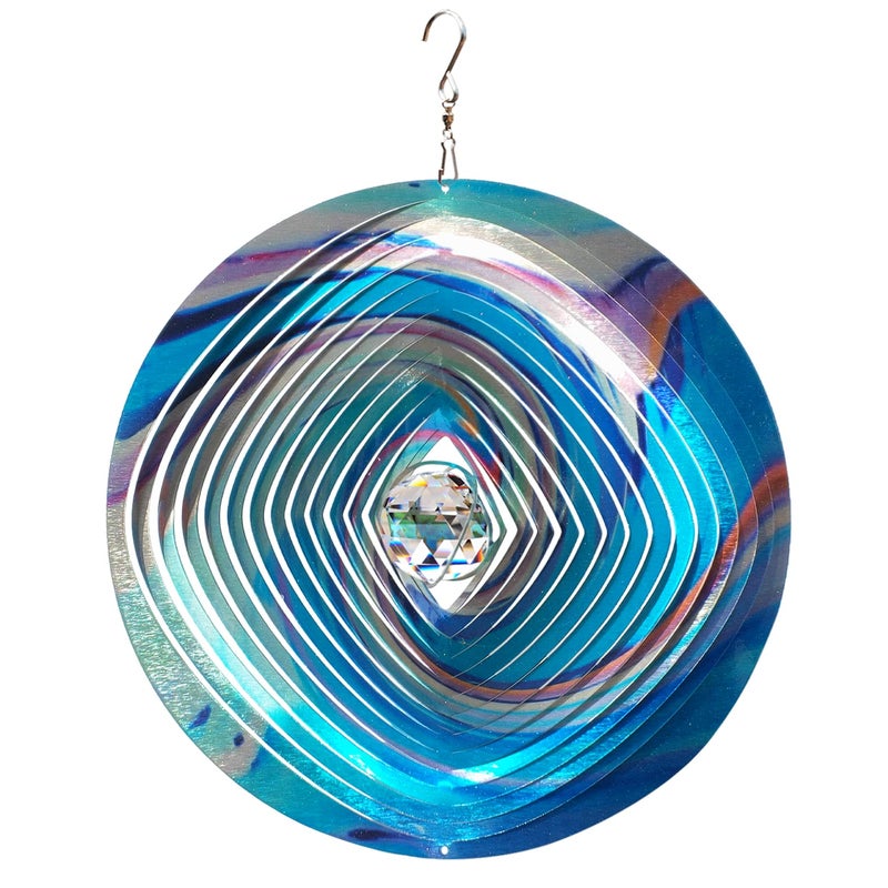 FONMY Mandala Wind Spinner w/Crystal Ball 3D Stainless Steel Hanging Wind Spinner Worth Gift Christmas Decoration Indoor/Outdoor Garden DÃ©cor Kinetic Yard Art 12 Inches Multi Blue Wind Sculpture - Image 1