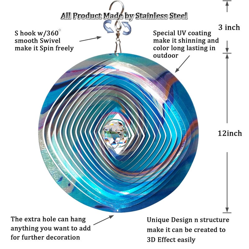 FONMY Mandala Wind Spinner w/Crystal Ball 3D Stainless Steel Hanging Wind Spinner Worth Gift Christmas Decoration Indoor/Outdoor Garden DÃ©cor Kinetic Yard Art 12 Inches Multi Blue Wind Sculpture - Image 5