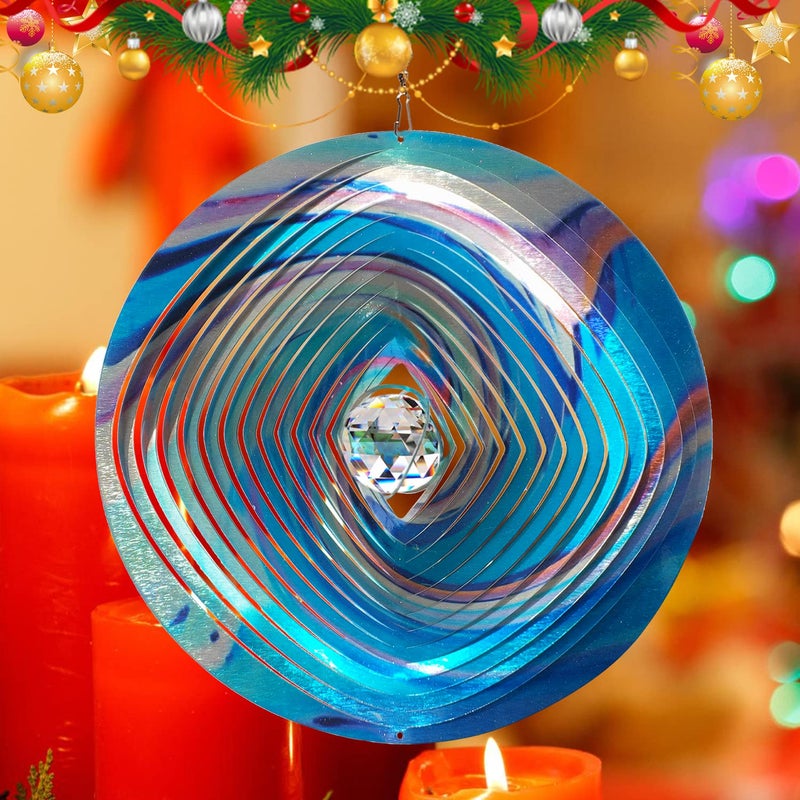 FONMY Mandala Wind Spinner w/Crystal Ball 3D Stainless Steel Hanging Wind Spinner Worth Gift Christmas Decoration Indoor/Outdoor Garden DÃ©cor Kinetic Yard Art 12 Inches Multi Blue Wind Sculpture - Image 2