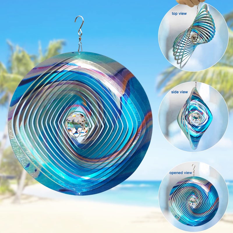 FONMY Mandala Wind Spinner w/Crystal Ball 3D Stainless Steel Hanging Wind Spinner Worth Gift Christmas Decoration Indoor/Outdoor Garden DÃ©cor Kinetic Yard Art 12 Inches Multi Blue Wind Sculpture - Image 3