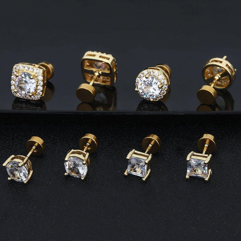 NEWITIN 4 Pairs Stainless Steel Stud Earrings for Men Hypoallergenic Earring Flatback Earring Screw Back Silver Gold Studs Inlaid Cubic Zirconia Stud Earrings for Women Men - Image 3