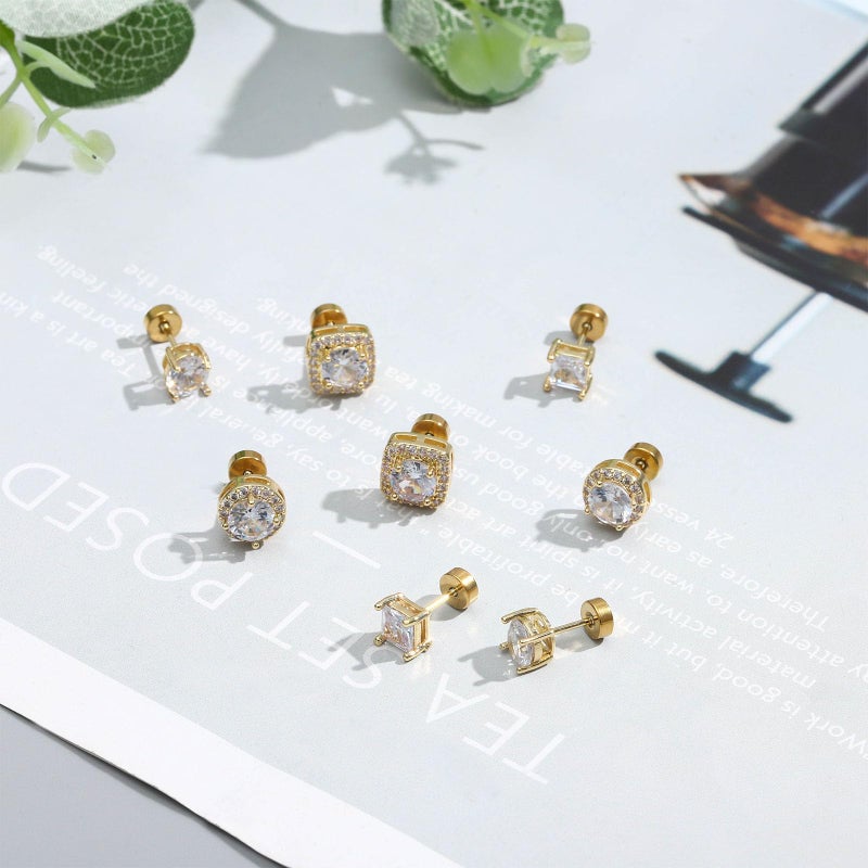 NEWITIN 4 Pairs Stainless Steel Stud Earrings for Men Hypoallergenic Earring Flatback Earring Screw Back Silver Gold Studs Inlaid Cubic Zirconia Stud Earrings for Women Men - Image 5