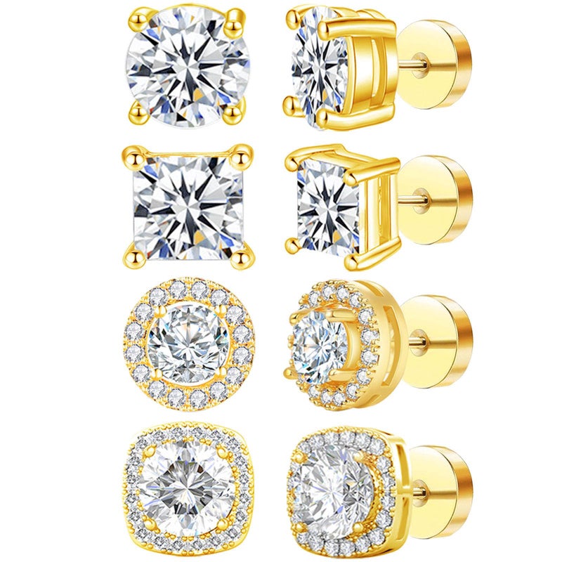 NEWITIN 4 Pairs Stainless Steel Stud Earrings for Men Hypoallergenic Earring Flatback Earring Screw Back Silver Gold Studs Inlaid Cubic Zirconia Stud Earrings for Women Men - Image 1