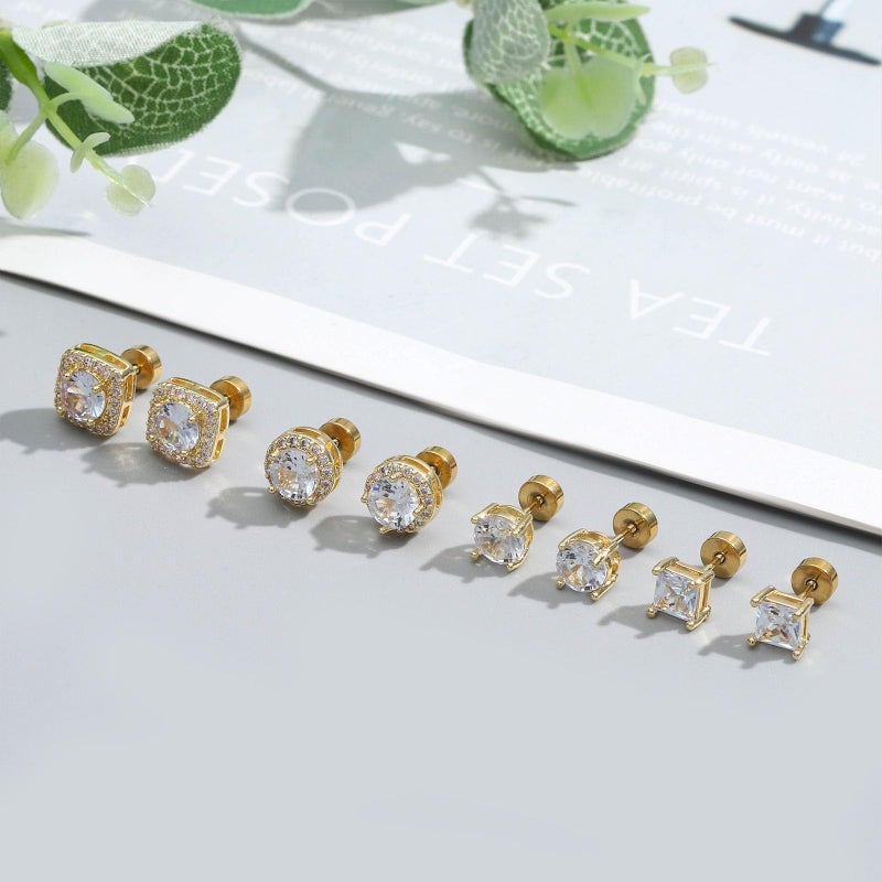 NEWITIN 4 Pairs Stainless Steel Stud Earrings for Men Hypoallergenic Earring Flatback Earring Screw Back Silver Gold Studs Inlaid Cubic Zirconia Stud Earrings for Women Men - Image 4