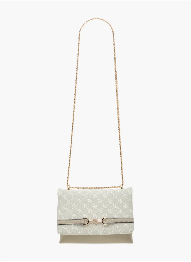سيليست Monogram Print Cross Body Bag with Flap Closure and Chain Strap