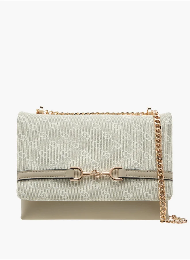 سيليست Monogram Print Cross Body Bag with Flap Closure and Chain Strap