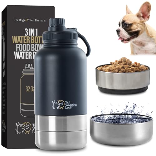 Tail Wagging Love 32oz 3in1 Portable Travel Water Bottle Food Hydration Bottle Dual Use for Humans Pets with Detachable Bowls Stainless Steel Keeps Water Hot for 6hrs Cold for 12hrs - Image 1