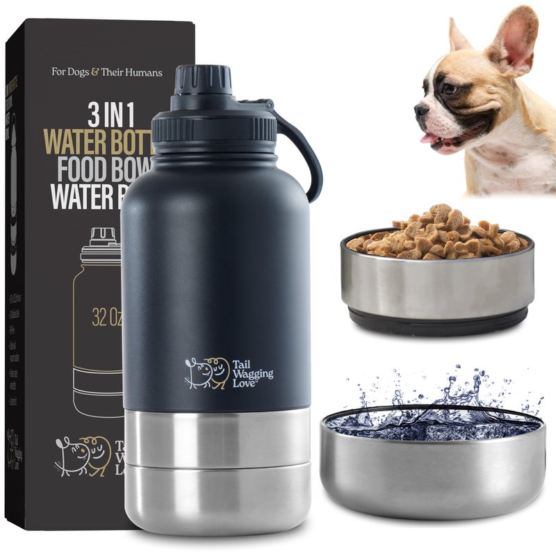 Tail Wagging Love 32oz 3in1 Portable Travel Water Bottle Food Hydration Bottle Dual Use for Humans Pets with Detachable Bowls Stainless Steel Keeps Water Hot for 6hrs Cold for 12hrs - Image 2