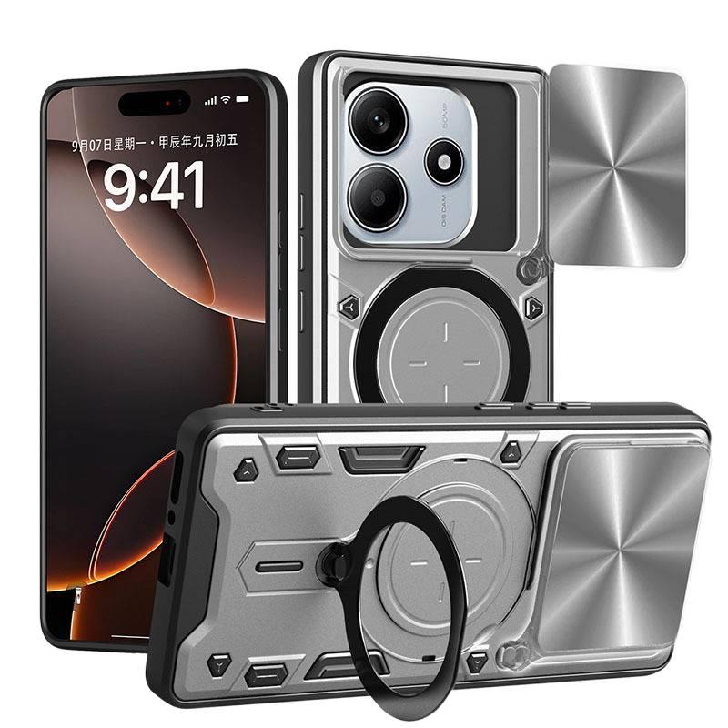 BB غطاء واقي بTPU+PC لـ Redmi Note 13 Pro مع حماية من السقوط وحامل قائم مع مقاوم للصدمات مع مغناطيس قوي مع قبضة مضادة للانزلاق باللون Silver مضاد للانزلاق مغناطيسي بوظيفة حامل من ماد. - Image 1