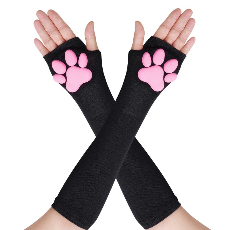 Nydotd Cat Paw Pad Mittens Gloves Kawaii Pink 3D Claw Fingerless Cute Cat Cosplay Gloves Sleeve for Girls Halloween Party (Black, Long) - Image 1