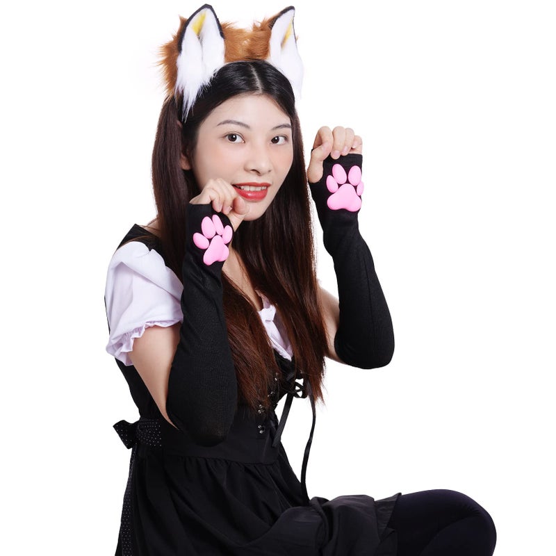 Nydotd Cat Paw Pad Mittens Gloves Kawaii Pink 3D Claw Fingerless Cute Cat Cosplay Gloves Sleeve for Girls Halloween Party (Black, Long) - Image 3
