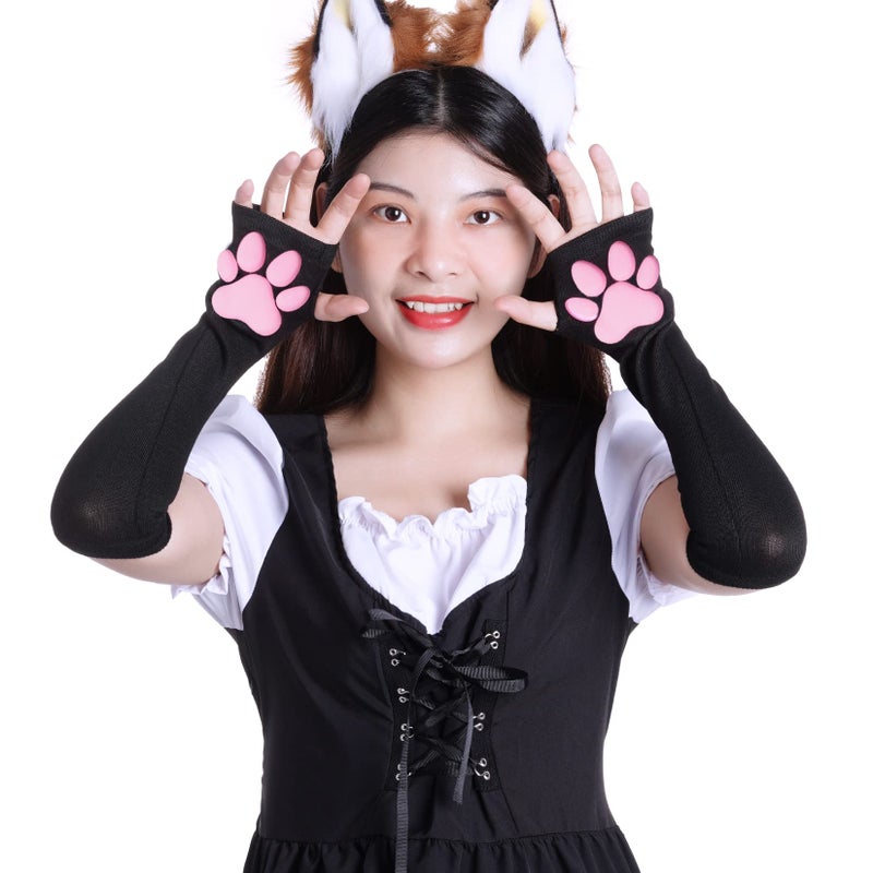 Nydotd Cat Paw Pad Mittens Gloves Kawaii Pink 3D Claw Fingerless Cute Cat Cosplay Gloves Sleeve for Girls Halloween Party (Black, Long) - Image 2