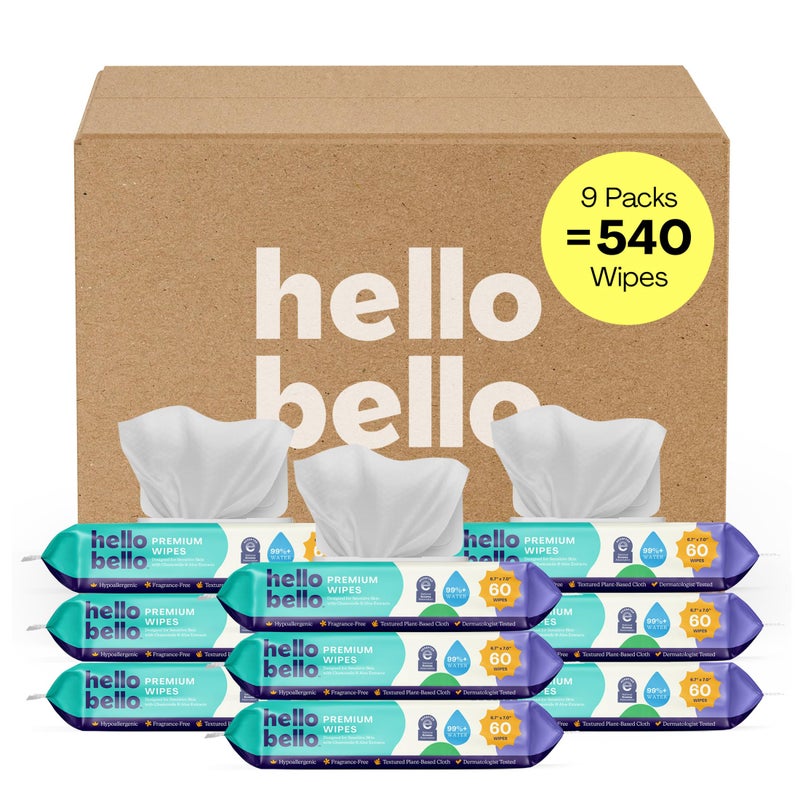 Hello Bello مناديل أطفال هالو بيلو الفاخرة خالية من العطور، مع مستخلصات البابونج والألوة لذوي البشرة الحساسة - 9 عبوات قابلة لإعادة الإغلاق = 540 مناديل إجمالية - Image 1